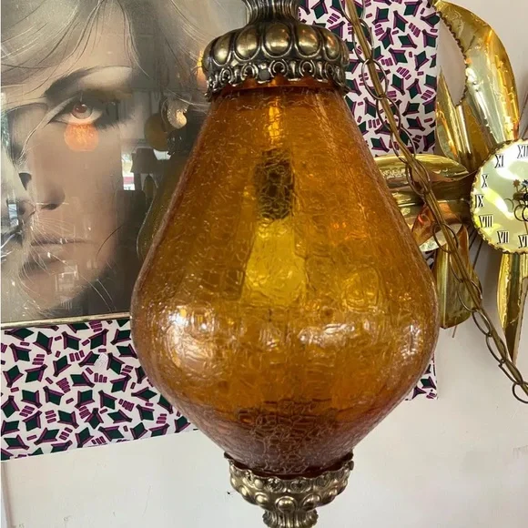 Vintage swag lamp large crackled amber glass Hollywood regency teardrop - Picture 2 of 9